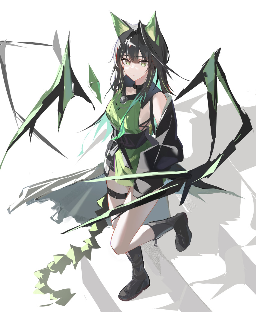 1girl absurdres ahoge animal_ears arknights belt belt_pouch black_belt black_boots black_coat black_hair boots breasts closed_mouth coat coat_partially_removed commentary crystal_tail double-parted_bangs dress floating floating_object from_above full_body gem green_dress green_eyes green_gem hair_between_eyes halterneck high-waist_belt highres huge_ahoge leg_up long_hair long_sleeves looking_at_viewer medium_breasts momiji_ilust mon3tr_(arknights) open_clothes open_coat pouch shadow short_dress simple_background sleeveless sleeveless_dress sleeves_past_fingers sleeves_past_wrists solo standing tail thigh_belt thigh_strap white_background