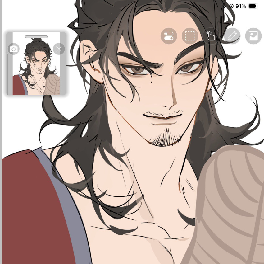 1boy all_wishes_come_true! art_tools_in_frame black_hair blue_trim brown_eyes closed_mouth collarbone crema_525 facial_hair hair_bun half_updo hand_fan highres holding holding_fan leaf_fan long_hair looking_at_viewer male_focus mustache_stubble pectoral_cleavage pectorals portrait red_robe reference_inset robe simple_background single_hair_bun sketch smile solo stubble thick_eyebrows white_background zhongli_quan_(all_wishes_come_true!)
