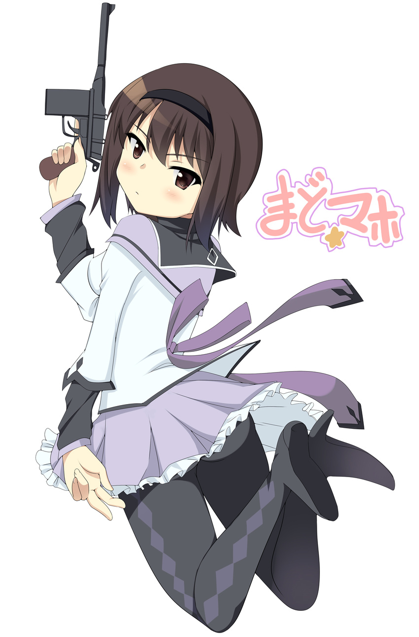 akemi_homura akemi_homura_(cosplay) bad_id bad_pixiv_id black_legwear blush bow brown_eyes brown_hair copyright_name cosplay from_behind girls_und_panzer gun hairband handgun highres holding holding_gun holding_weapon jumping looking_at_viewer looking_back mahou_shoujo_madoka_magica mauser_c96 nishizumi_maho nksk pantyhose parody pistol short_hair simple_background skirt solo title_parody trigger_discipline weapon white_background