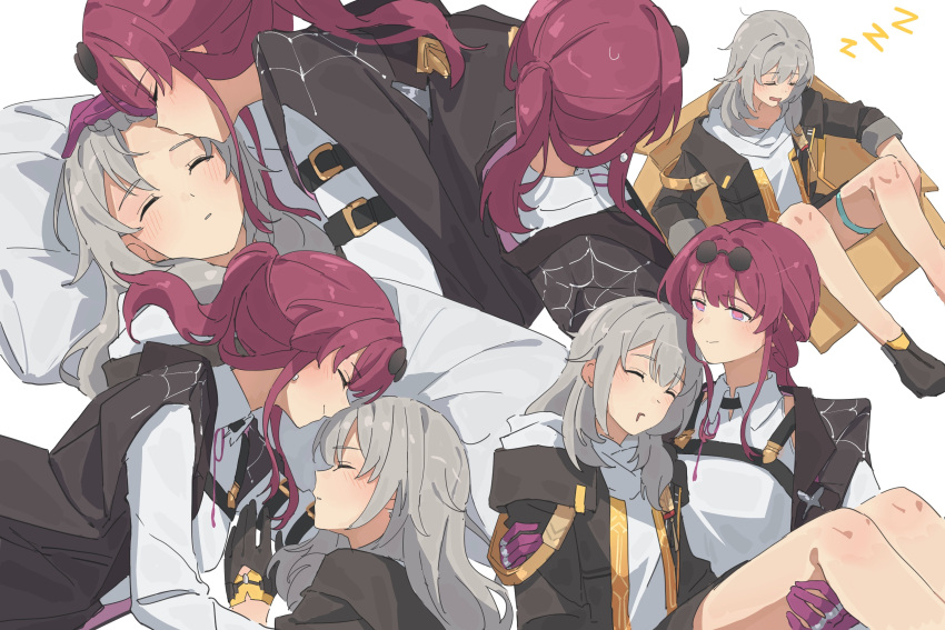 2girls absurdres black_gloves black_jacket box cardboard_box carrying closed_eyes closed_mouth commentary commission english_commentary eyewear_on_head fafayu gloves grey_hair hand_on_another's_head highres honkai:_star_rail honkai_(series) in_box in_container jacket kafka_(honkai:_star_rail) kiss kissing_forehead multiple_girls princess_carry purple_eyes purple_gloves purple_hair second-party_source shirt simple_background sleeping smile stelle_(honkai:_star_rail) sunglasses trailblazer_(honkai:_star_rail) white_background white_shirt yuri zzz