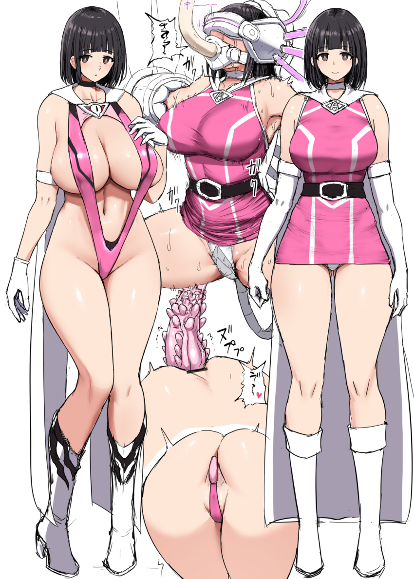1girl anal anal_ball_wear arms_at_sides belt black_hair boots breasts cape cleavage commentary_request dress elbow_gloves full_body full_cleavage gloves highres ishimiso_(ishimura) large_breasts looking_at_viewer medium_hair midriff navel original pink_dress pink_slingshot_swimsuit rape restrained revealing_clothes sagging_breasts short_dress simple_background slingshot_swimsuit smile standing swimsuit tube white_background white_boots white_cape white_gloves