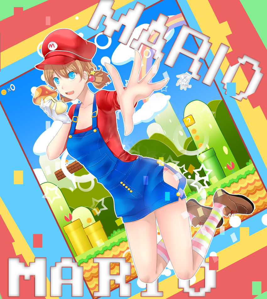 :d ?_block bad_id bad_pixiv_id blue_eyes brown_hair character_name cloud coin cosplay gloves gloves_removed hair_bobbles hair_ornament hat highres jumping mario mario_(cosplay) mario_(series) mushroom open_mouth original outstretched_hand overalls piranha_plant rainbow single_glove smile socks solo starman_(mario) striped striped_legwear super_mario_bros. twintails warp_pipe y.i._(lave2217)