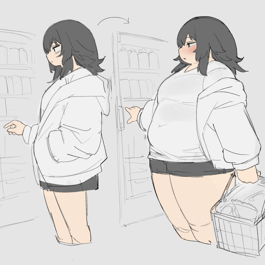 1girl arrow_(symbol) bags_under_eyes basket big_belly black_eyes black_hair black_shorts blush breasts closed_mouth covered_navel fat feet_out_of_frame from_side grey_background hand_in_pocket highres holding holding_basket jacket long_sleeves looking_to_the_side medium_breasts medium_hair nimo_(b45ui) open_clothes open_jacket original parted_lips partially_colored profile shirt shopping shopping_basket shorts simple_background standing t-shirt thick_thighs thighs weight_gain