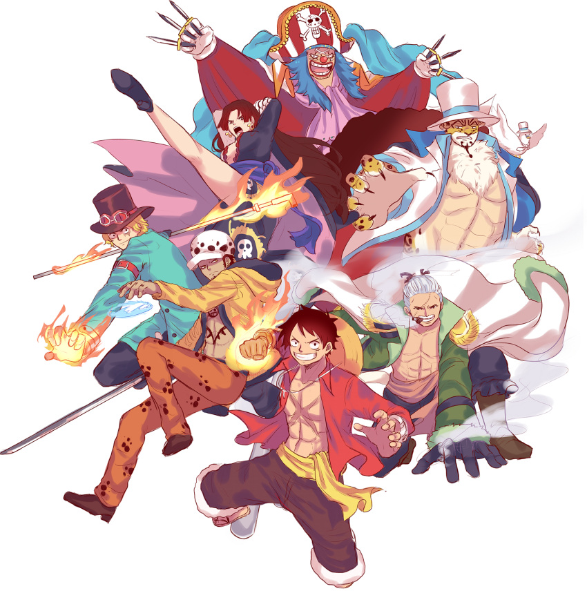 1girl 6+boys abs aqua_coat artist_name ascot bird black_coat black_hair black_hat blue_hair boa_hancock boots brown_boots brown_hair buggy_the_clown cape caydeus chest_tattoo closed_mouth coat coat_on_shoulders commentary earrings epaulettes facial_hair fire full_body gloves goatee hat hattori_(one_piece) high_heels highres holding holding_sword holding_weapon jacket jewelry jitte kuja_pirates_jolly_roger leg_up leopard_boy long_hair looking_at_viewer male_focus monkey_d._luffy multiple_boys on_one_knee one_piece one_piece:_stampede open_mouth pants pink_ascot pirate_hat purple_sash red_nose red_shirt rob_lucci sabo_(one_piece) sash scar scar_on_chest scar_on_face shirt short_hair shorts sideburns smile smoker_(one_piece) snake_earrings straw_hat sword tail tattoo trafalgar_law v-shaped_eyebrows weapon white_hair white_pants yellow_coat yellow_sash