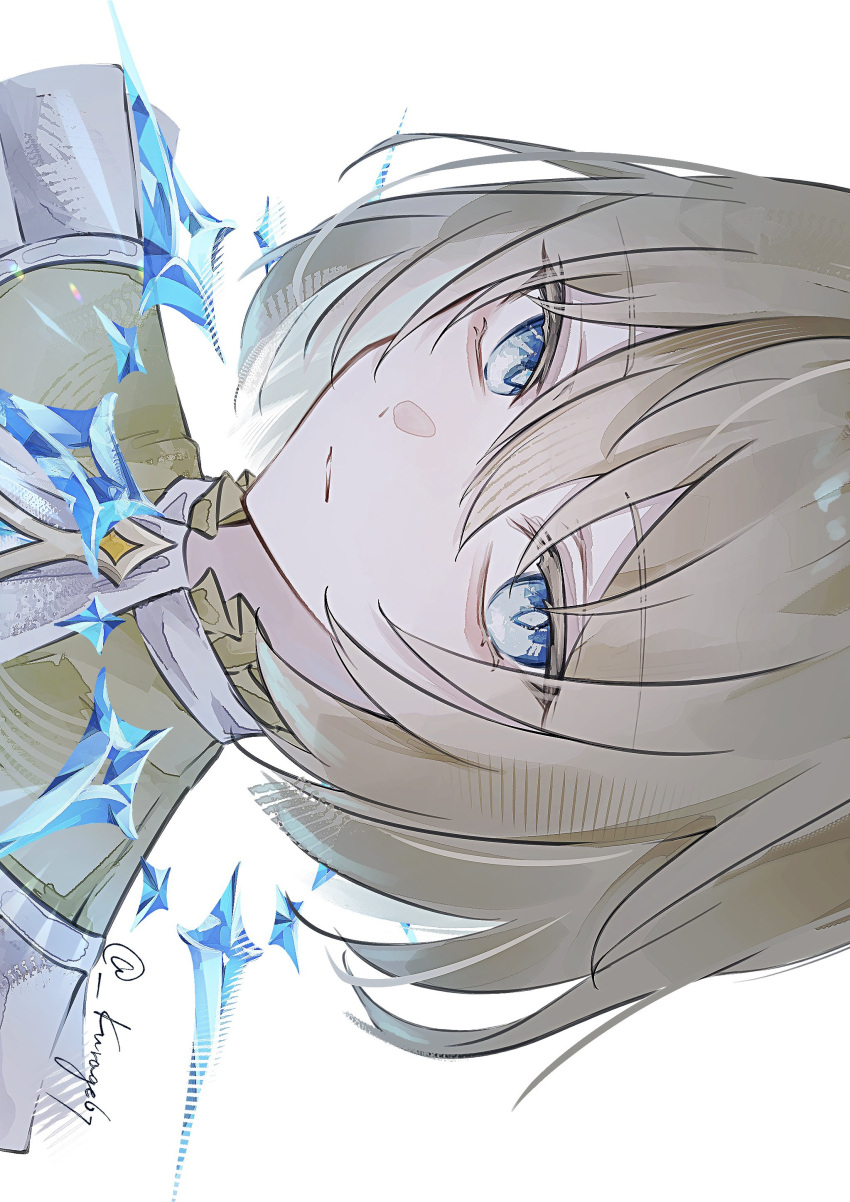 1boy absurdres androgynous artist_name ascot blonde_hair blue_eyes bright_pupils commentary_request crystal diamond-shaped_pupils diamond_(shape) frills gem genshin_impact hair_between_eyes highres ikhor_(genshin_impact) jewelry kurage_67 looking_at_viewer male_focus open_mouth pendant shirt short_hair simple_background solo symbol-shaped_pupils upper_body white_ascot white_background white_pupils white_shirt yellow_gem