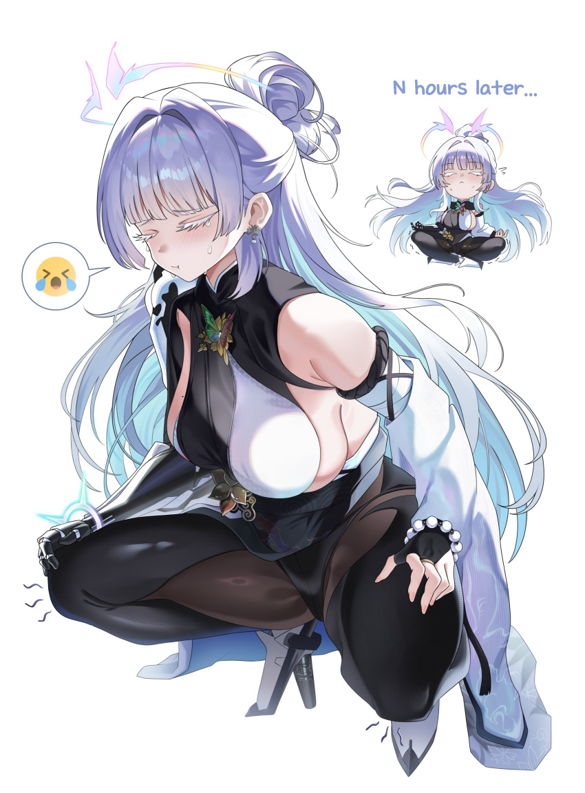 1girl absurdres bead_bracelet beads bodysuit bracelet breasts chibi chibi_inset closed_eyes closed_mouth commentary_request crying_emoji detached_sleeves earrings emoji english_text goddess_of_victory:_nikke groin_tendon hair_intakes half_updo halo high_heels highres indian_style jewelry korean_commentary large_breasts layer_(layer_illust) legs_folded light_blush long_hair mechanical_arms nayuta_(nikke) pout sideboob single_mechanical_arm sitting solo spoken_emoji squatting wide_sleeves