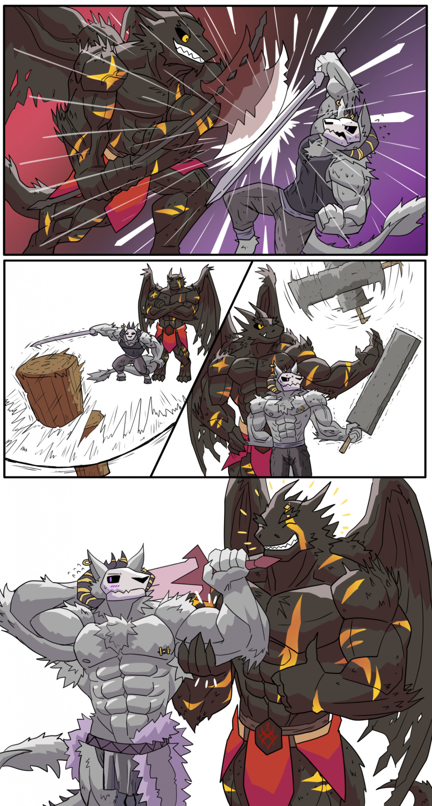 2025 4_horns 5_fingers abs absurd_res action_pose anthro arm_markings arm_spikes axe back_wings barbell_piercing battle_axe biceps big_muscles biped black_body black_membrane black_sclera black_wings blush blush_lines bodily_fluids bone bottomwear chest_markings chest_tuft claws closed_smile clothed clothed_anthro clothed_male clothing comic crossed_arms deltoids demon digital_drawing_(artwork) digital_media_(artwork) digitigrade dragon duo ear_piercing ear_ring elbow_spikes emanata european_mythology eye_contact eyes_closed facial_markings finger_claws fingers flustered folded_wings front_view full-length_portrait fully_clothed fully_clothed_anthro fully_clothed_male fur furrowed_eyebrows furryandthotdestroyer gesture greatsword grey_body grey_bottomwear grey_clothing grey_fur grey_loincloth grey_pants grey_shirt grey_tank_top grey_topwear hand_behind_back hand_behind_own_head hand_gesture hand_on_hip hand_on_own_hip head_horn head_markings hi_res holding_battle_axe holding_melee_weapon holding_object holding_sword holding_weapon hooves horn huge_muscles kharvyn_threx'maor_(furryandthotdestroyer) latissimus_dorsi leg_markings loincloth loincloth_only looking_at_another looking_at_object male male_anthro markings melee_weapon membrane_(anatomy) membranous_wings motion_lines mouth_closed multi_horn muscular muscular_anthro muscular_male mythological_creature mythological_scalie mythology nipple_barbell nipple_piercing nipples notched_wings pants pants_only pecs piercing portrait pose purple_background purple_bottomwear purple_clothing purple_eyes red_background red_bottomwear red_clothing red_loincloth ring_piercing scalie sharp_teeth shirt shoulder_markings shoulder_spikes simple_background skull skull_head small_comic smile snout spiked_tail spikes spikes_(anatomy) spread_wings standing sweat sweatdrop_(iconography) sweaty_arms sweaty_body sweaty_face sword sword_over_shoulder tail tail_tuft tank_top teeth three-quarter_portrait thumbs_up toothy_grin topless topless_anthro topless_male topwear trapezius tremble_spikes tuft underbite unguligrade vaghar_(furryandthotdestroyer) vein veiny_muscles weapon western_dragon white_background wings yellow_eyes yellow_markings