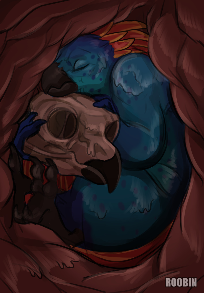 ambiugous_pred anthro avian bird blue_body blue_feathers bone eyes_closed feathered_crest feathers feral feral_prey head_crest hi_res internal ka'lam'holn'qui'ke male male_prey organs owl parrot red_body red_feathers roobin skull stomach tail tail_feathers unseen_pred vore
