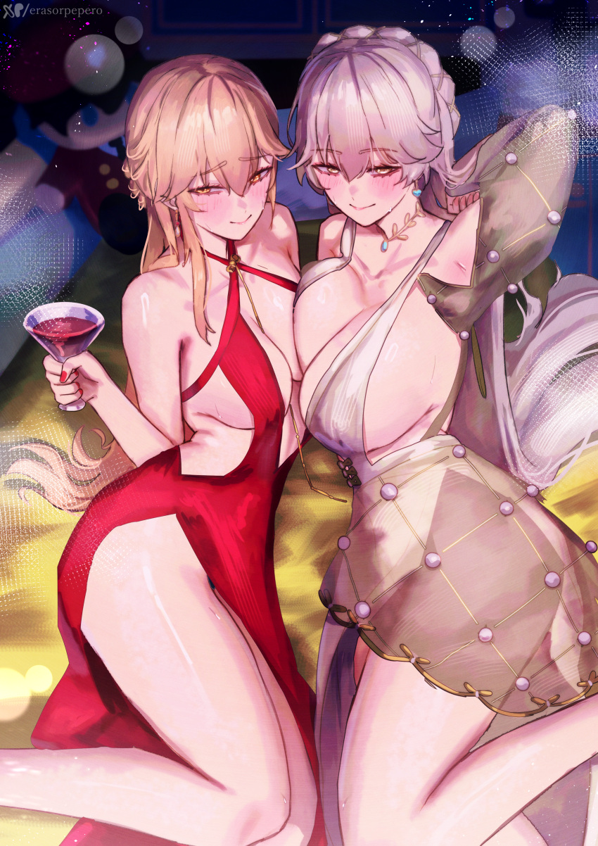 2girls absurdres arm_behind_head asymmetrical_docking bare_legs bare_shoulders black_groza_(girls'_frontline_2) blonde_hair braid breast_press breasts brown_hair cleavage clothing_cutout cup dress erasorpepero from_above girls'_frontline girls'_frontline_2:_exilium groza_(girls'_frontline_2) hair_between_eyes half-closed_eyes hand_up highres holding holding_cup large_breasts legs_folded long_hair looking_at_viewer looking_up lying medium_breasts multiple_girls nail_polish on_side ots-14_(destined_love)_(girls'_frontline) ots-14_(girls'_frontline) ots-14_(ruler_of_the_banquet)_(girls'_frontline) ponytail red_nails side_cutout sideboob sleeveless sleeveless_dress smile thighs very_long_hair yellow_eyes
