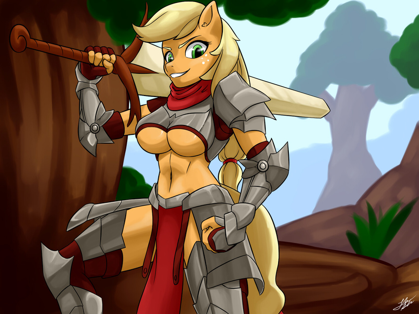 2014 anthro anthrofied applejack_(mlp) armor blonde_hair breasts equine female forest freckles friendship_is_magic gauntalet grass greatsword green_eyes hair horse looking_at_viewer mammal my_little_pony navel outside pony ponytail skecchiart solo sword tree unconvincing_armor under_boob weapon