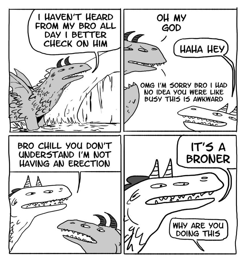 cave chestopher comic dialogue dragon english_text floccinaucinihilipilification gay humor male plain_background scalie squadrick text white_background