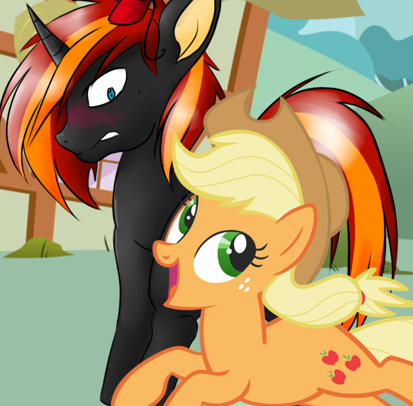 2015 applejack_(mlp) blue_eyes blush butt censored creative_censorship duo equine fan_character feral fez fur galladexd hair hat horn long_hair male mammal my_little_pony open_mouth penis two_tone_hair unicorn