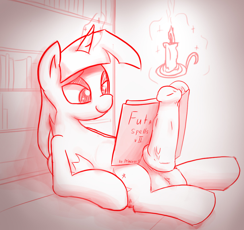 augustbebel balls book bookshelf candle cutie_mark dickgirl english_text equine feral friendship_is_magic horn horse intersex mammal monochrome my_little_pony pony sitting solo text twilight_sparkle_(mlp) unicorn