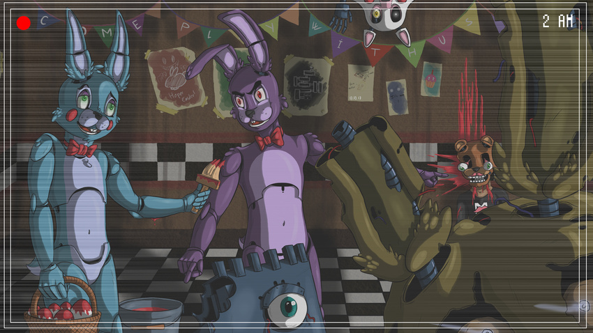 2015 ambiguous_gender angry animatronic anthro basket blood blood_splatter bonnie_(fnaf) bow_tie brush camera devilbluedragon_(artist) five_nights_at_freddy's five_nights_at_freddy's_2 five_nights_at_freddy's_3 glowing golden_bonnie_(fnaf) group hi_res holidays lagomorph looking_at_viewer machine male mammal mangle_(fnaf) markiplier mechanical night_guard pointing rabbit robot smile so_happy static_noise tag_me_if_anything_is_missing toy_bonnie_(fnaf) warfstache