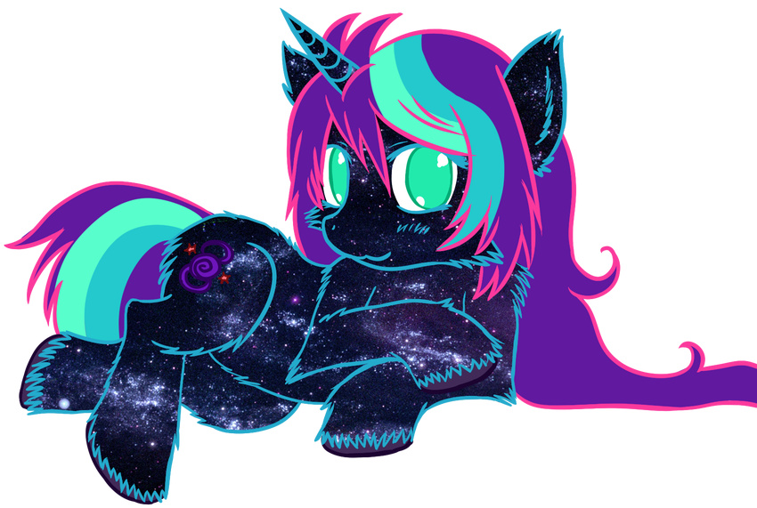 ahoge andromeda blue_hair equine fuzzy green_eyes green_hair hair horn horse long_hair mammal multicolored_hair my_little_pony pony purple_hair sleepymomo solo space star unicorn