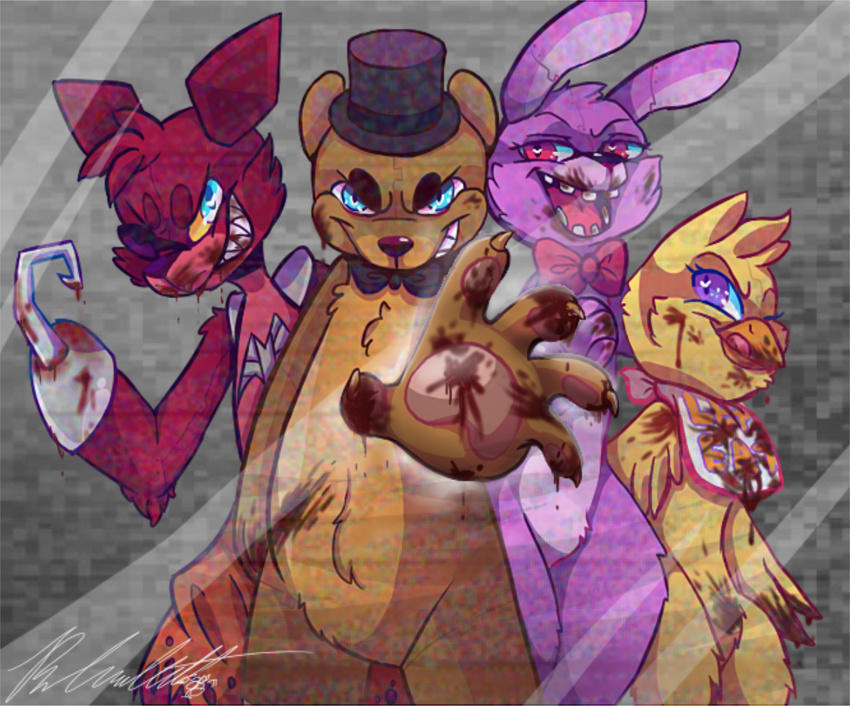 ahmonaeatchu123 animatronic avian bear bird blue_eyes bonnie_(fnaf) bow_tie canine chica_(fnaf) chicken eye_patch eyewear female five_nights_at_freddy's fox foxy_(fnaf) freddy_(fnaf) hat hook lagomorph machine male mammal mechanical rabbit robot