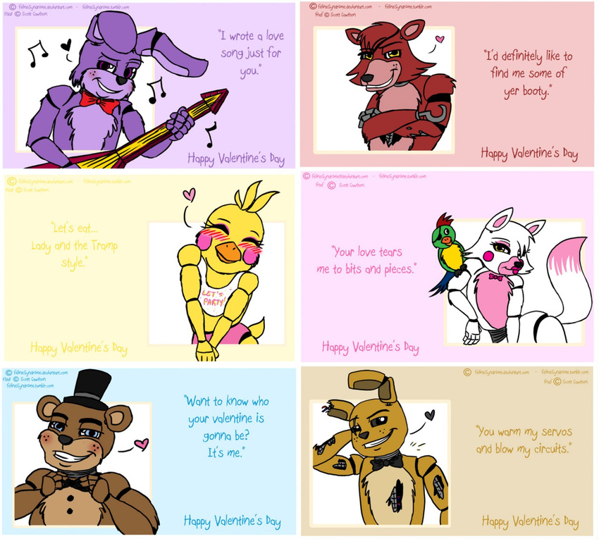 animatronic avian bear bird bonnie_(fnaf) bow_tie canine chica_(fnaf) chicken eye_patch eyewear felinesyndr0me female five_nights_at_freddy's five_nights_at_freddy's_2 five_nights_at_freddy's_3 fox foxy_(fnaf) freddy_(fnaf) golden_bonnie_(fnaf) hat holidays hook lagomorph machine male mammal mangle_(fnaf) mechanical rabbit robot valentine's_day