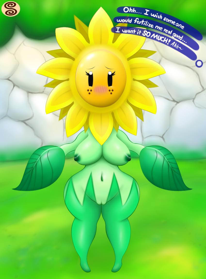 blush breasts english_text female flora_fauna flower looking_at_viewer mario_bros navel nintendo nude outside plant pussy solo standing sunflower sunflower_kid super_mario_sunshine swizzle text video_games wide_hips