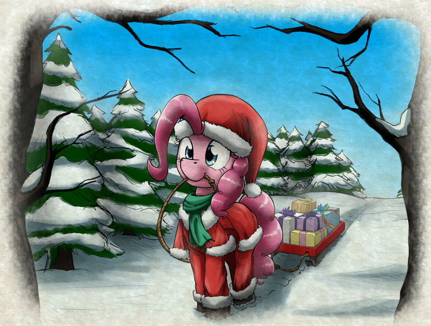 2014 christmas earth_pony equine female feral friendship_is_magic gift hat holidays horse mammal my_little_pony otakuap pinkie_pie_(mlp) pom_hat pony santa_hat snow solo winter