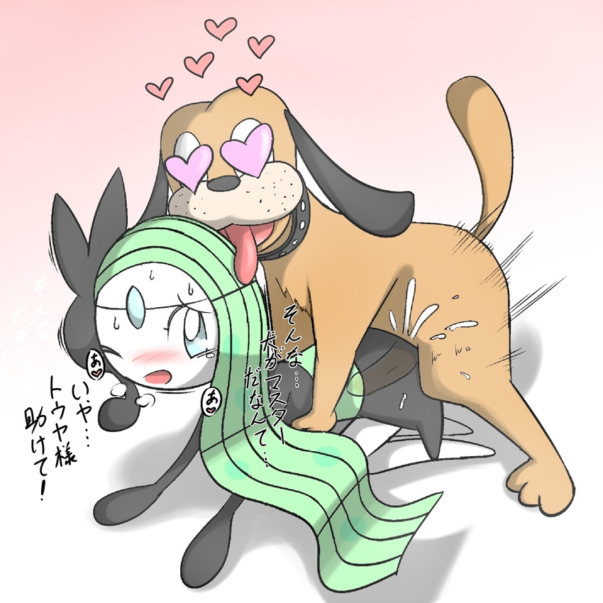 &lt;3 &lt;3_eyes 24651 ambiguous_gender blue_eyes blush brown_fur canine collar crossover cum dog duck_hunt duo feral fur green_hair hair internal interspecies japanese_text long_hair male mammal meloetta nintendo open_mouth panting penis pok&eacute;mon sex sweat tears text tongue translated video_games
