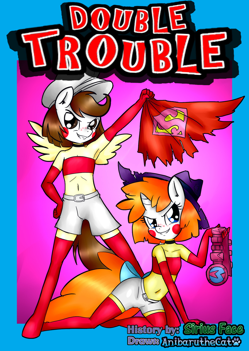 2014 anibaruthecat anthro anthrofied blue_eyes brown_eyes brown_hair comic crossdressing duo elbow_gloves english_text equine female friendship_is_magic girly gloves hair hat holding horn male mammal my_little_pony navel pegasus pound_cake_(mlp) pumpkin_cake_(mlp) text unicorn wings