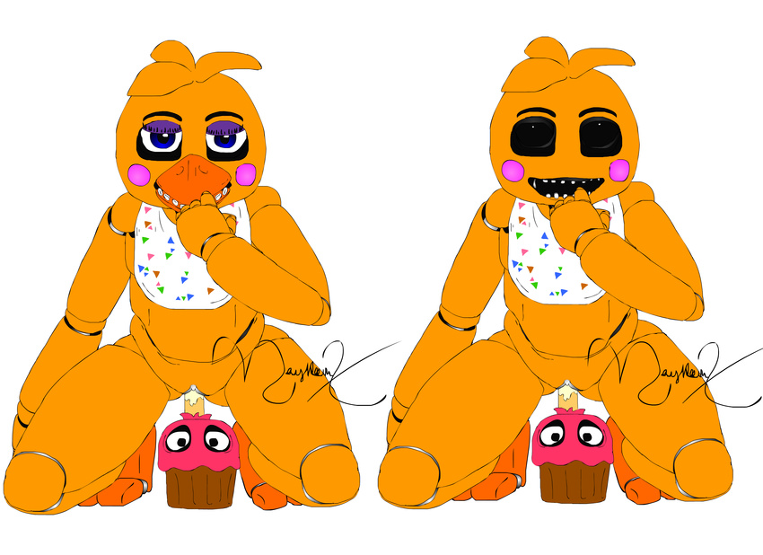 animatronic avian bib bird black_eyes blue_eyes chicken cupcake cupcake_(fnaf) duo eyeshadow female five_nights_at_freddy's five_nights_at_freddy's_2 food looking_at_viewer machine makeup maylkleemx mechanical penetration pussy robot signature teeth toy_chica_(fnaf) vaginal vaginal_penetration yellow_body