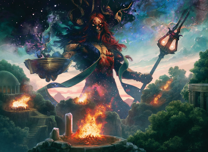 clothed clothing deity fire glowing glowing_eyes half-dressed horn jason_chan landscape macro magic_the_gathering male official_art planeswalker polearm satyr smirk solo staff star topless weapon xenagos