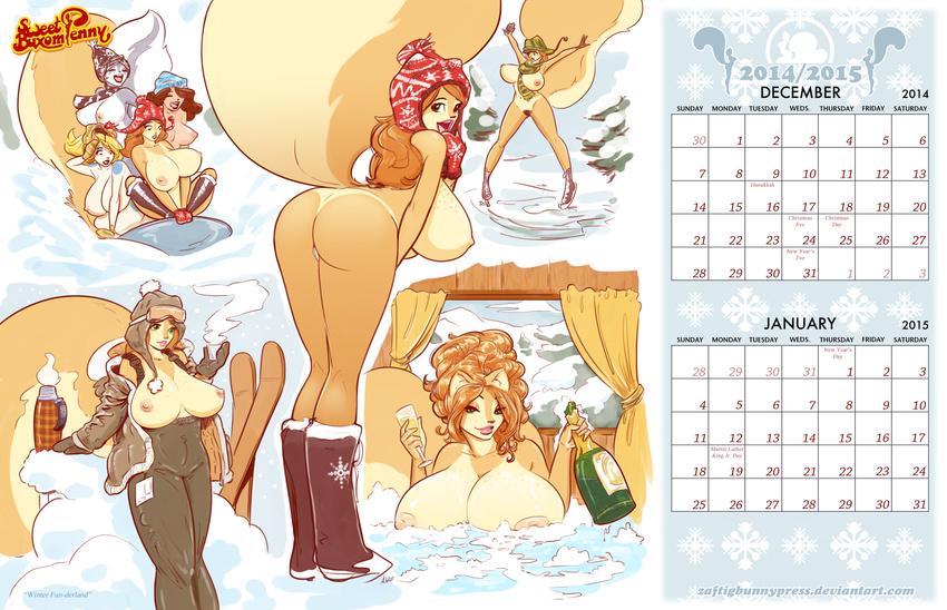 2014 alcohol anthro beverage big_breasts blonde_hair blue_fur bovine breasts calendar cat cattle clothing december esmeralda feline female fur green_eyes grey_fur hair hot_tub huge_breasts january lips long_hair looking_at_viewer mammal navel nipples orange_fur penny_flynn pubes pussy rodent short_hair skunk smile spots squirrel thick_thighs voluptuous white_fur white_hair zaftigbunnypress