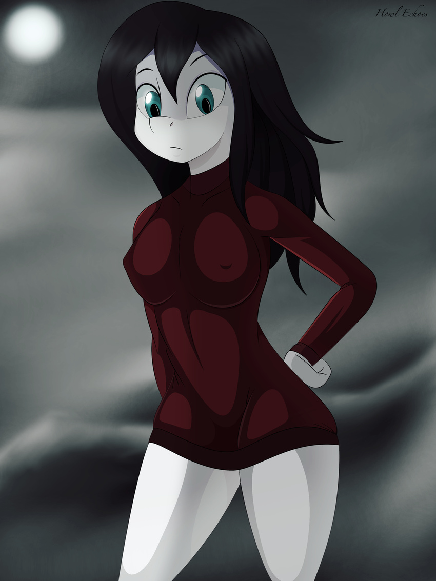 black_hair breasts clothing cloud female fish green_eyes hair hi_res howl_echoes looking_down marine night outside shark sky solo sweater tailless