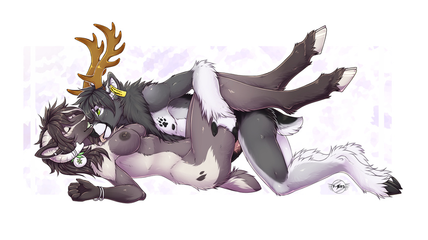 2014 anthro antlers anvil_position areola breasts cervine deer duo eyes_closed f-r95 female fur hair horn jb_greymane legs_up licking lying male mammal nipples nude on_back open_mouth penetration penis plain_background sex straight tongue tongue_out vaginal vaginal_penetration