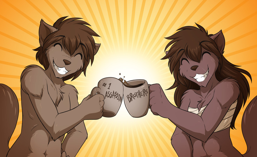 ^_^ abs anthro bandage brown_fur brown_hair brown_nose canine chest_tuft coffee cup english_text eyes_closed fangs female fur hair happy keidran long_hair male mammal muscles natani nude short_hair smile teeth text tom_fischbach topless tuft twokinds wolf zen_(twokinds)