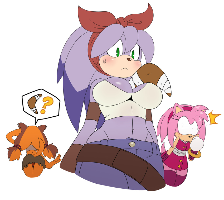 2014 ? amy_rose anthro badger big_breasts boomerang breasts cleavage clothed clothing digital_media_(artwork) female group hedgehog mammal mustelid perci_the_hedgehog plain_background sega sonic_(series) sssonic2 sticks_the_jungle_badger white_background