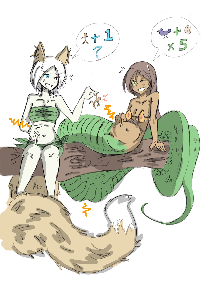 2014 abdominal_bulge animal_ears big_belly blue_eyes breasts brown_hair cat_ears cleavage clothed clothing dark_skin duo english_text female green_eyes hair hand_on_belly humanoid hybrid lamia long_hair mammal micro naga navel one_eye_closed reptile scalie skimpy smile snake snake_tail text vore white_hair