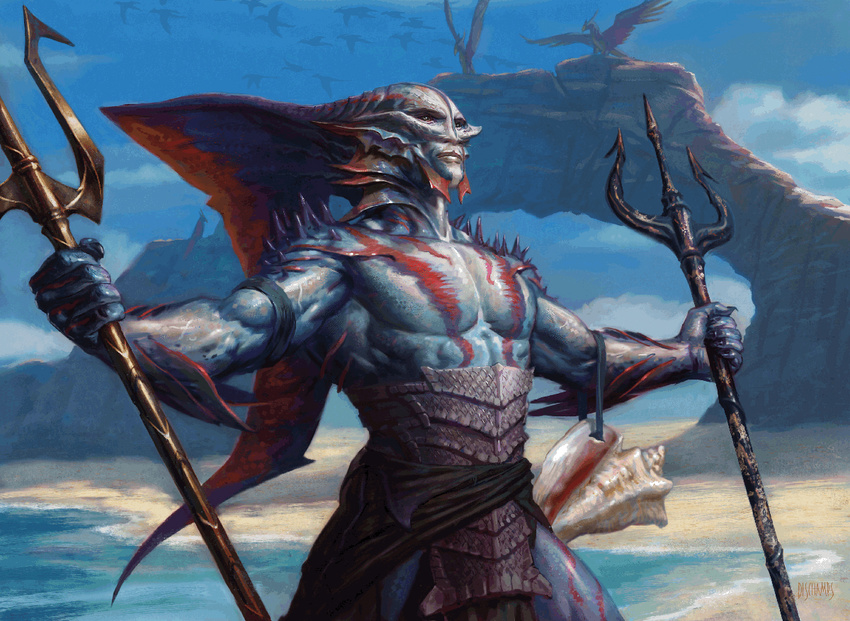 anthro beach clothed clothing crest eric_deschamps half-dressed magic_the_gathering male merfolk official_art outside polearm seaside standing topless trident weapon