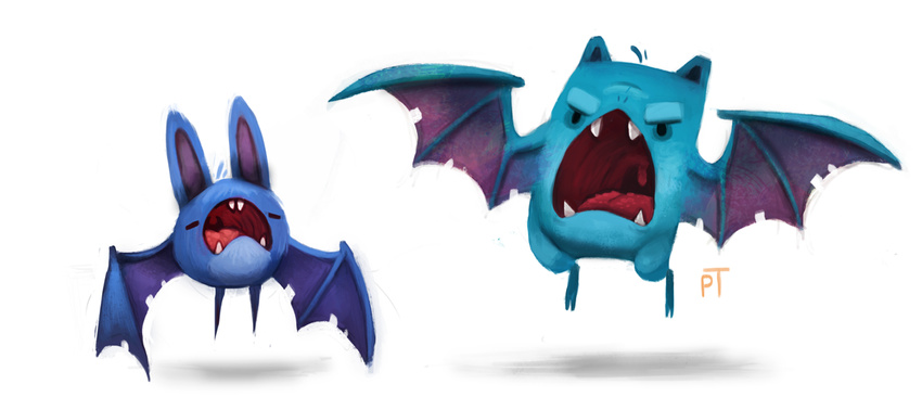 ambiguous_gender angry bat black_eyes cryptid-creations duo eyes_closed golbat mammal nintendo open_mouth plain_background pok&eacute;mon teeth tongue video_games zubat