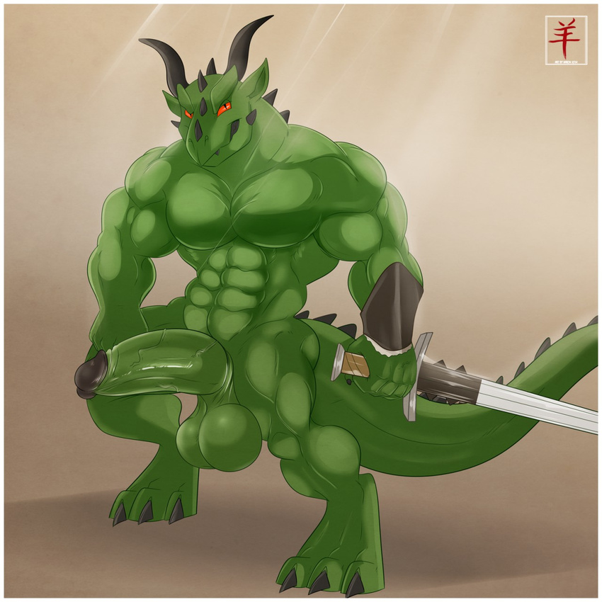 2014 aaron_(artist) abs anthro armor balls barefoot biceps big_balls big_muscles big_penis claws digital_media_(artwork) dragon erection green_penis green_skin horn huge_muscles humanoid_penis lizard looking_at_viewer male muscles nude pecs penis pose red_eyes reptile ripped scales scalie smile solo standing sword thick_penis toe_claws toned varanis_blackclaw vein veiny_penis weapon