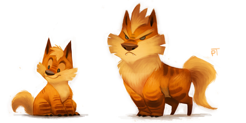 ambiguous_gender angry arcanine black_eyes canine cryptid-creations duo feral frown growlithe happy mammal nintendo plain_background pok&eacute;mon smile teeth video_games