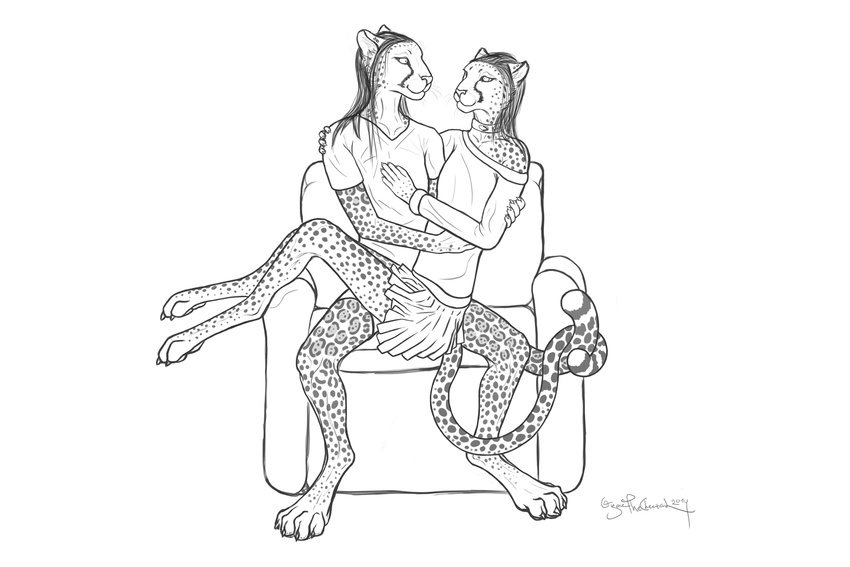 2014 anthro chair cheetah claws couple cryme_the_cheetah digital_media_(artwork) duo eye_contact feline fluffy_panther gay girly hair holding hybrid jaguar khraym line_art long_hair love male mammal panther piercing recliner rosettes sitting sketch skirt spots whiskers