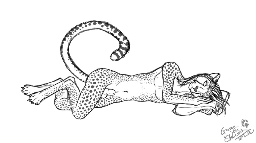 2013 anthro balls cheetah claws cryme_the_cheetah feline girly hair khraym long_hair looking_at_viewer lying male mammal paws piercing pillow sheath sketch sleepy solo spots spotty whiskers
