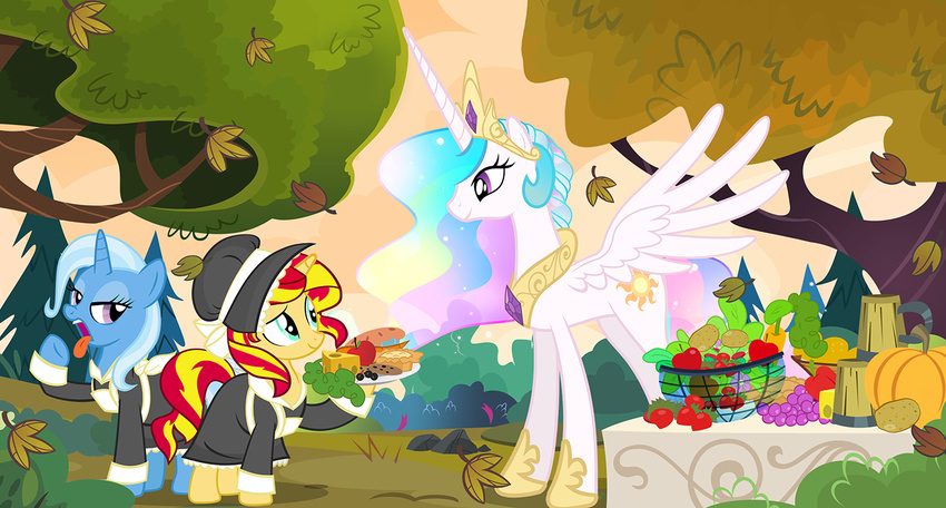 2014 apple blonde_hair blue_eyes blue_hair bowl carrot cheese clothing cookie crown cup cutie_mark disgusted equestria_girls equine female food friendship_is_magic fruit gold grapes group hair holidays horn lettuce mammal multicolored_hair my_little_pony necklace outside pie pixelkitties plate potato princess_celestia_(mlp) pumpkin purple_eyes red_hair sparkles sunset_shimmer_(eg) table thanksgiving tongue tongue_out tree trixie_(mlp) two_tone_hair unicorn winged_unicorn wings