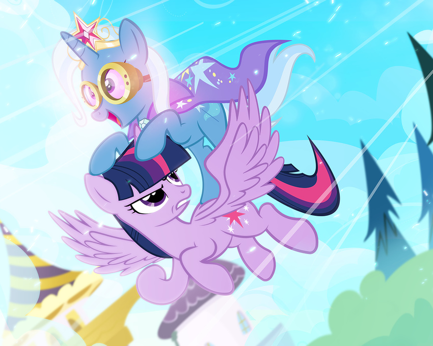 2014 canterlot cape cloud crown cutie_mark duo equine eyewear female flying friendship_is_magic goggles hair horn mammal my_little_pony outside pine_tree pixelkitties purple_eyes purple_hair sky tree trixie_(mlp) twilight_sparkle_(mlp) winged_unicorn wings