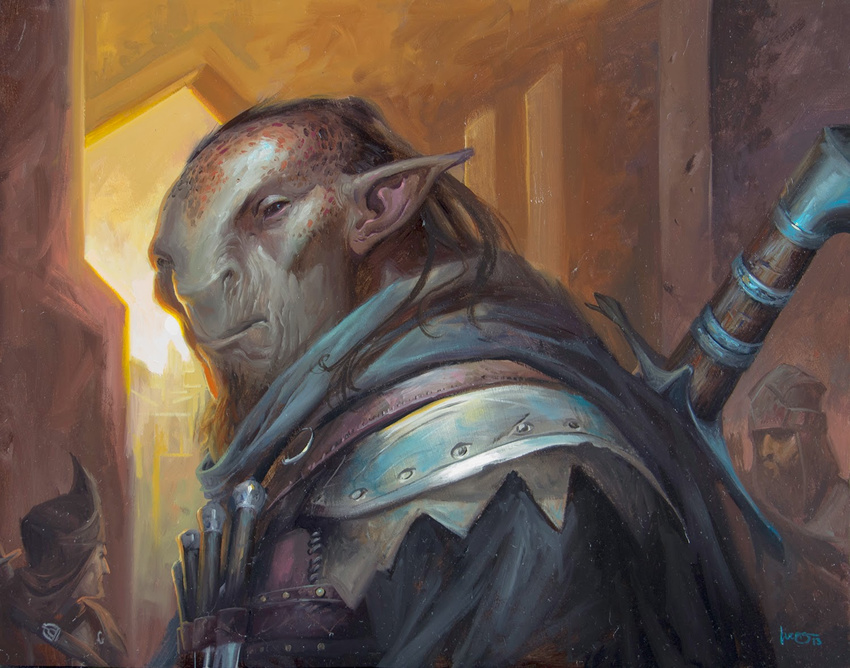 abzan assassin humanoid knife looking_at_viewer lucas_graciano magic_the_gathering male not_furry official_art orc portrait restricted_palette sword traditional_media_(artwork) weapon