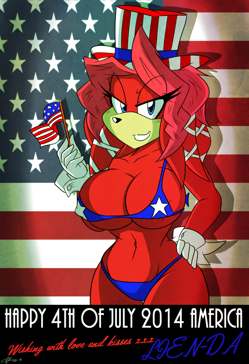 2014 4th_of_july akatsukishiranui-fox anthro big_breasts breasts cleavage clothed clothing echidna female flag lien-da looking_at_viewer mammal monotreme sega skimpy smile sonic_(series) stars_and_stripes united_states_of_america