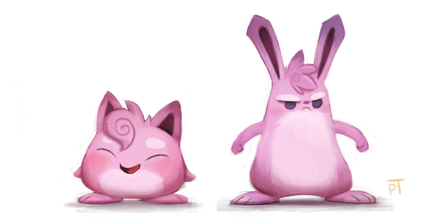 ambiguous_gender cryptid-creations duo eyes_closed frown jigglypuff lagomorph long_ears mammal nintendo open_mouth plain_background pok&eacute;mon rabbit smile video_games wigglytuff