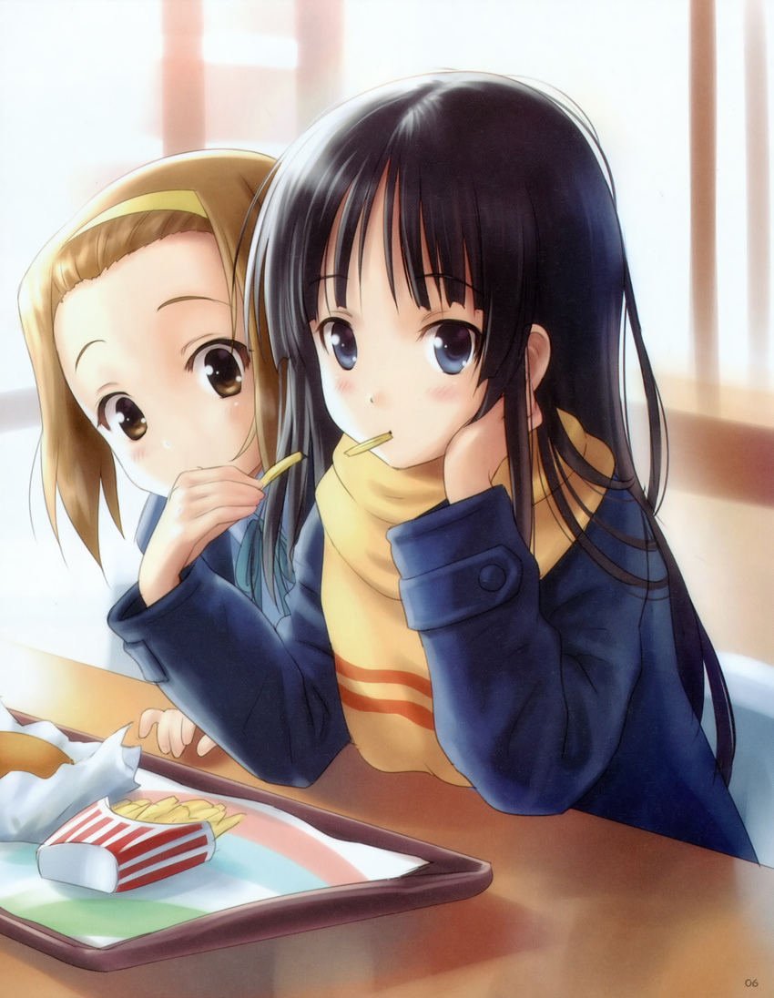 absurdres akiyama_mio bangs black_hair blue_eyes blunt_bangs brown_eyes brown_hair coat eating food french_fries goto_p hairband hamburger highres hime_cut k-on! long_hair multiple_girls scarf short_hair tainaka_ritsu