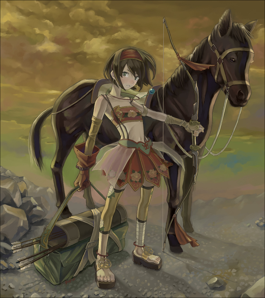 arrow blush bow_(weapon) brown_hair clog_sandals cloud earrings feet flat_chest gloves hairband highres horse jewelry metalinu midriff necklace quiver shin_sangoku_musou short_hair skirt solo sun_shang_xiang thighhighs weapon