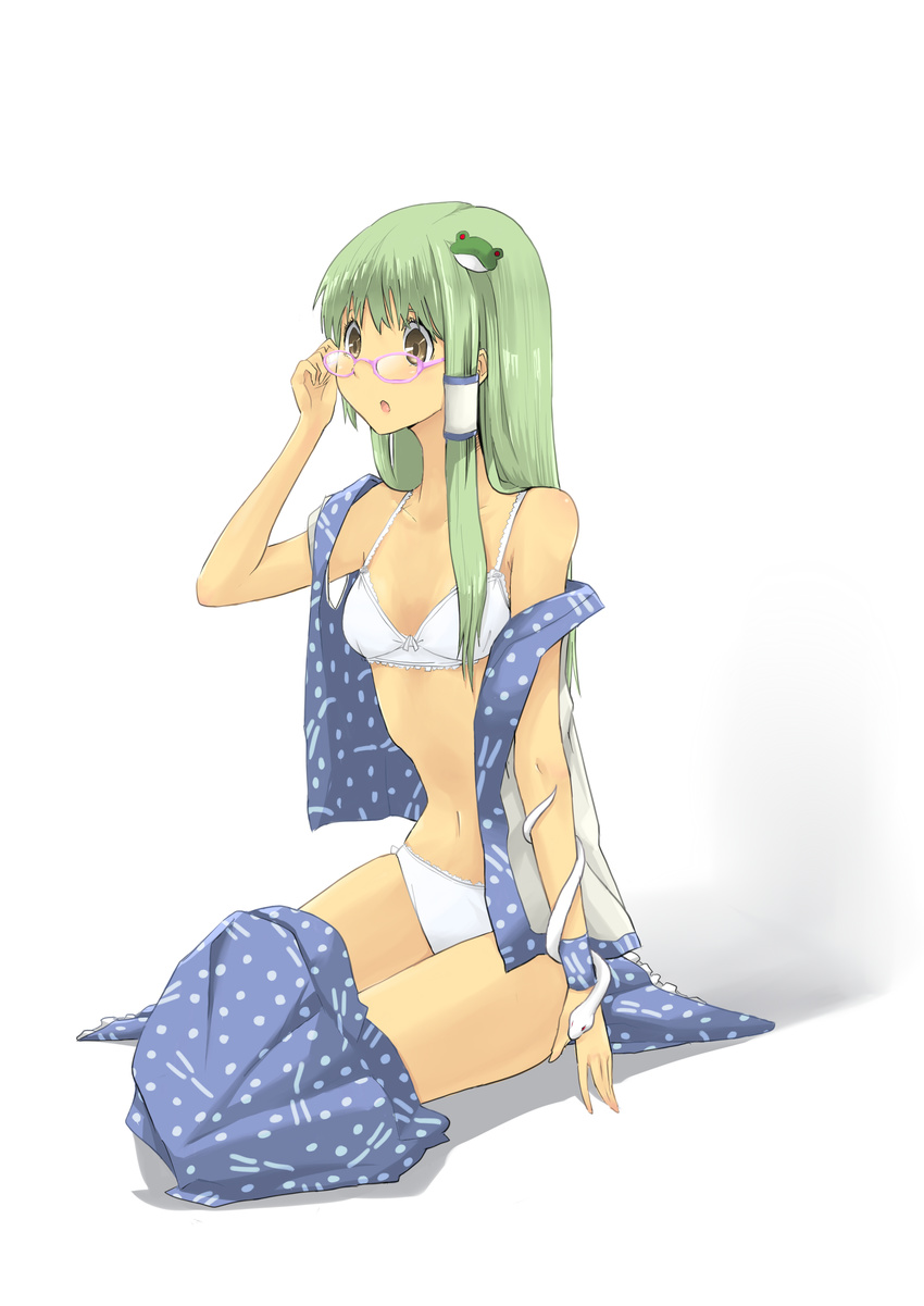 absurdres bad_id bad_pixiv_id bespectacled bra frog glasses green_hair hair_ornament highres kochiya_sanae lingerie long_hair open_clothes open_shirt panties potionu shirt snake solo touhou underwear yellow_eyes