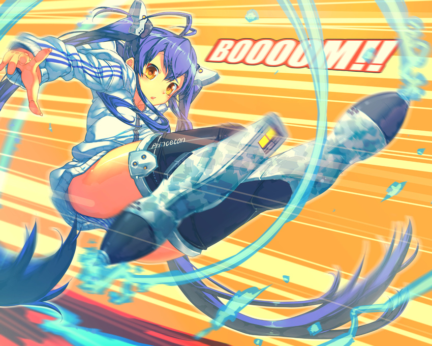 bad_id bad_pixiv_id blue_hair brown_eyes is_ii long_hair original solo speed_lines thighhighs twintails