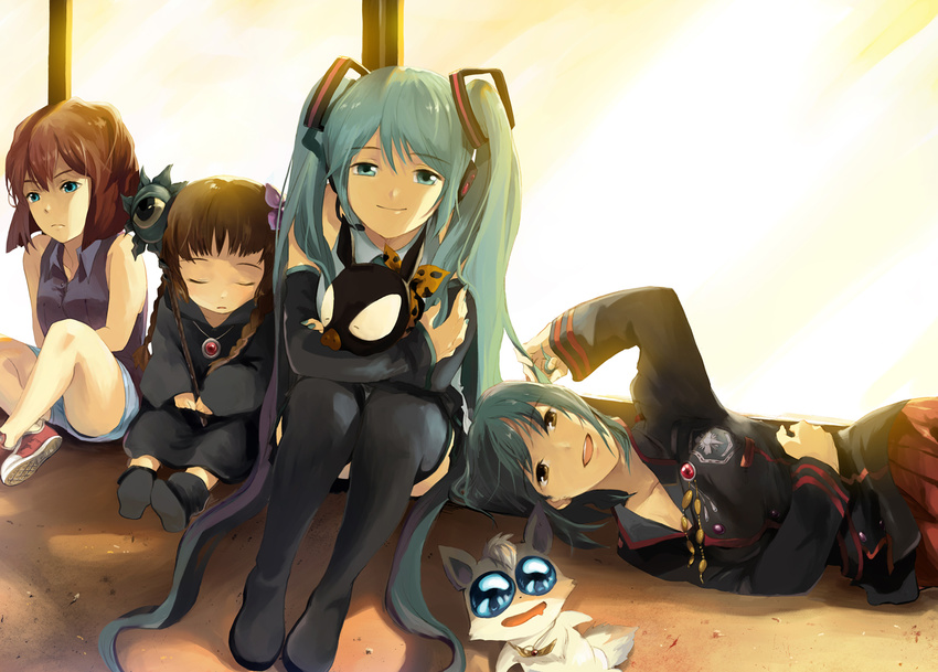 akazukin_chacha bad_id bad_pixiv_id crossover d.gray-man detached_sleeves green_eyes green_hair haibara_ai hatsune_miku hibiki_ryouga kukuri lenalee_lee long_hair mahoujin_guruguru meitantei_conan multiple_girls necktie p-chan ranma_1/2 riiya_(akazukin_chacha) runia skirt smile thighhighs twintails uniform very_long_hair vocaloid