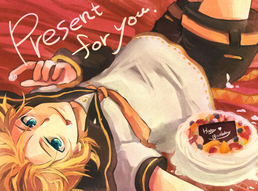 :p blonde_hair blue_eyes cake food kagamine_len lying male_focus mukkun necktie on_back pastry shorts smile solo tongue tongue_out vocaloid